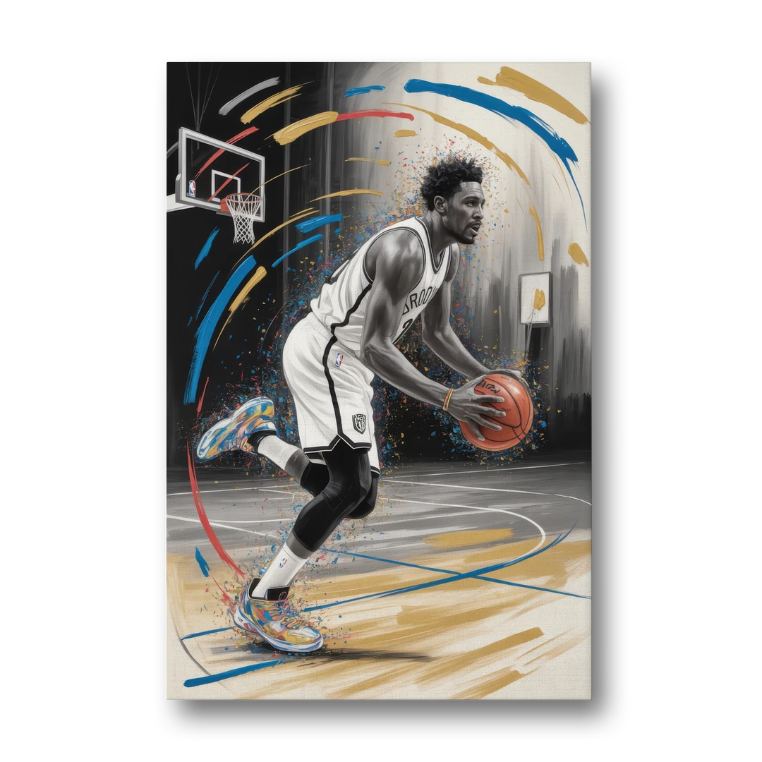 Brooklyn Nets Dynamic Action Scene Impressionistic Basketball Art - Canvas Wall Art - Front