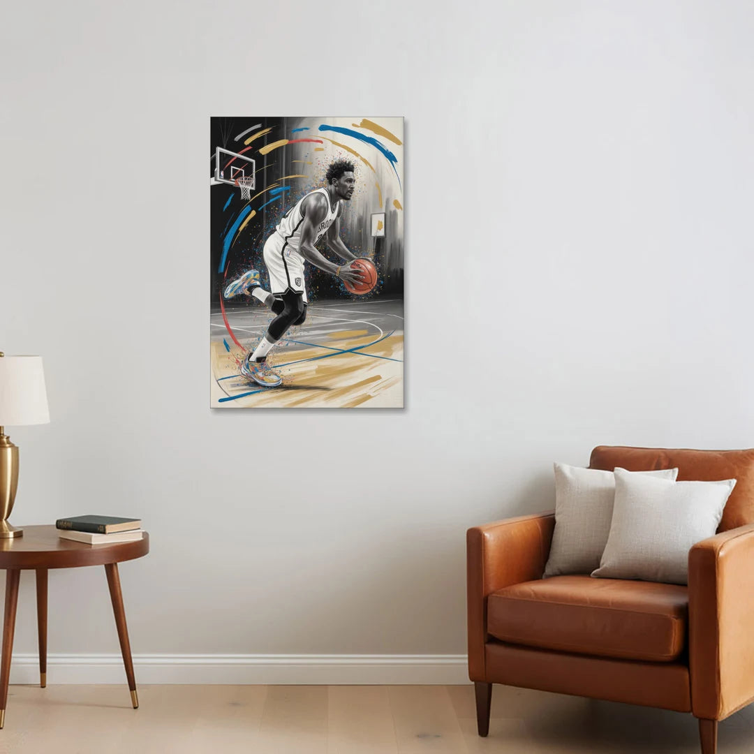 Brooklyn Nets Dynamic Action Scene Impressionistic Basketball Art - Canvas Wall Art - Sofa - 24x36