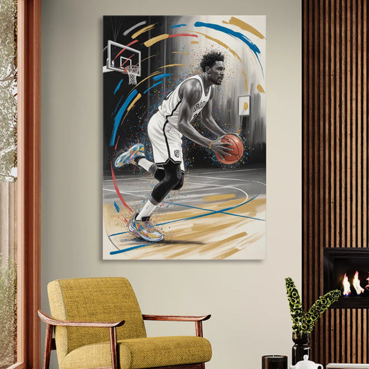 Brooklyn Nets Dynamic Action Scene Impressionistic Basketball Art Living Room - Canvas Wall Art