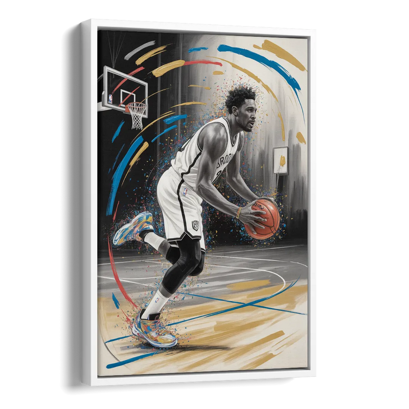 Brooklyn Nets Dynamic Action Scene Impressionistic Basketball Art Side - White Canvas Wall Art
