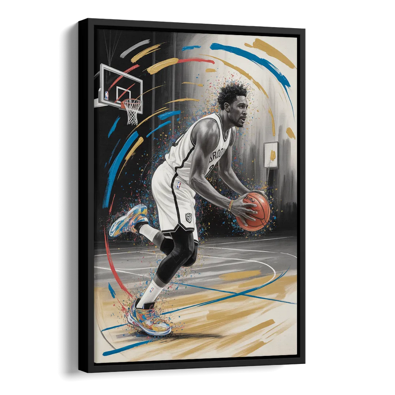 Brooklyn Nets Dynamic Action Scene Impressionistic Basketball Art Side - Black Canvas Wall Art