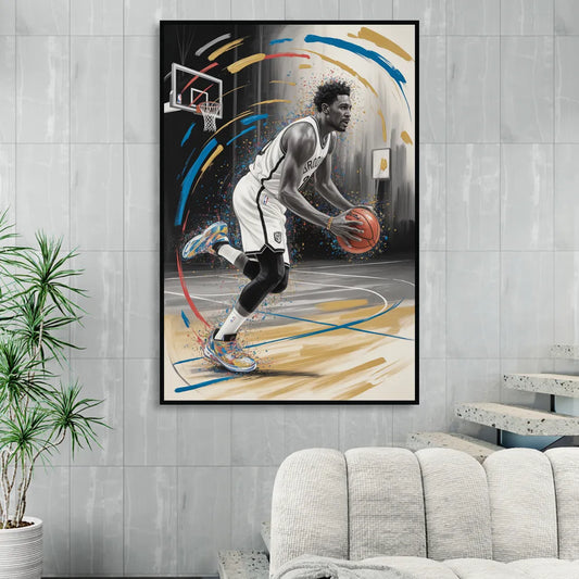 Brooklyn Nets Dynamic Action Scene Impressionistic Basketball Art Living Room - Black Canvas Wall Art