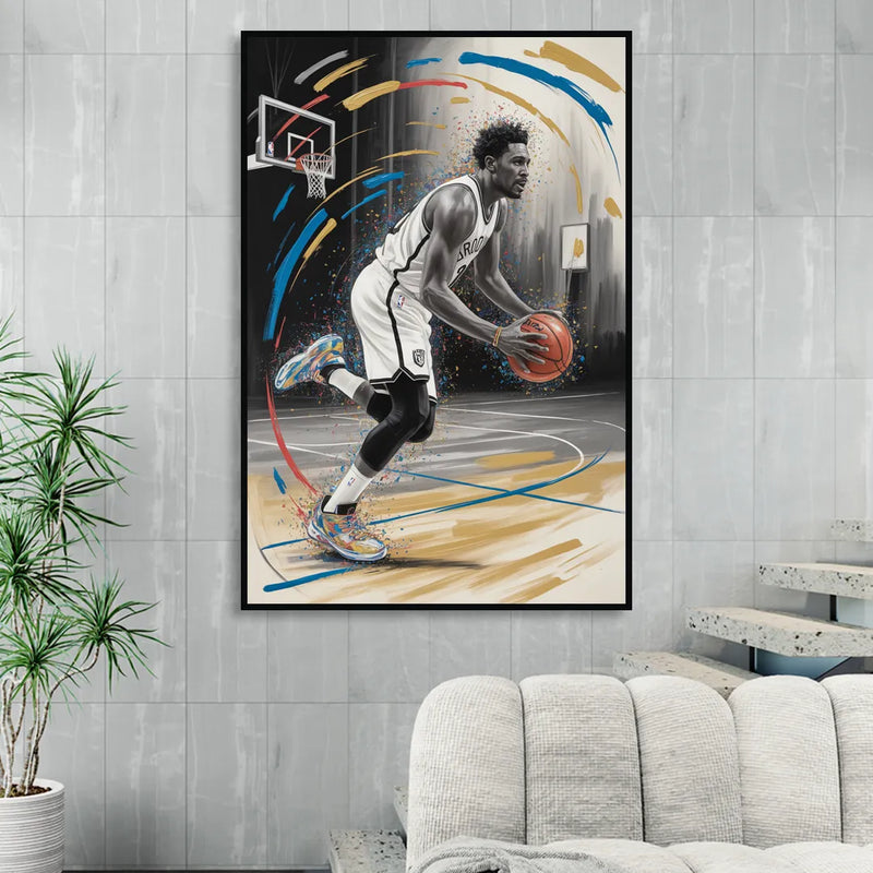 Brooklyn Nets Dynamic Action Scene Impressionistic Basketball Art Living Room - Black Canvas Wall Art