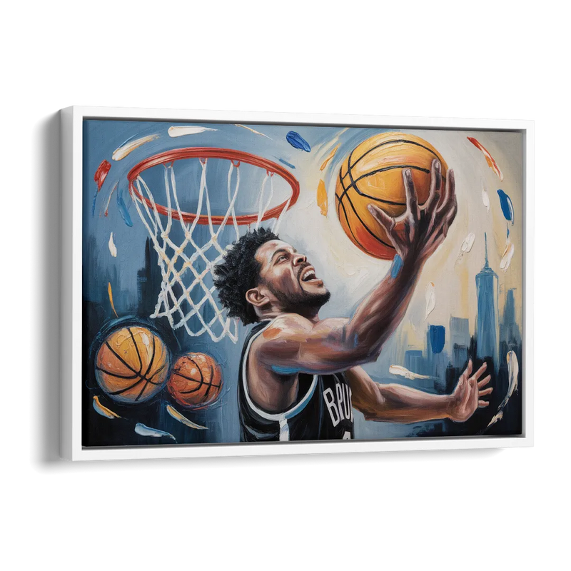 Brooklyn Nets Dynamic Basketball Impressionism Art Side - White Canvas Wall Art
