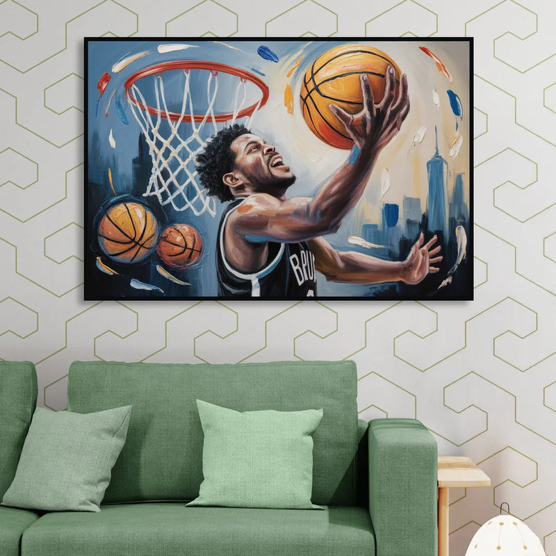 Brooklyn Nets Dynamic Basketball Impressionism Art Living Room - Black Canvas Wall Art