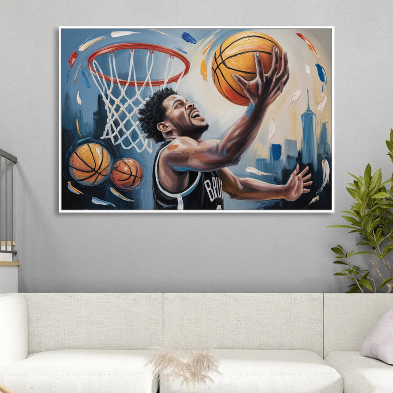Brooklyn Nets Dynamic Basketball Impressionism Art Sitting Room - White Canvas Wall Art