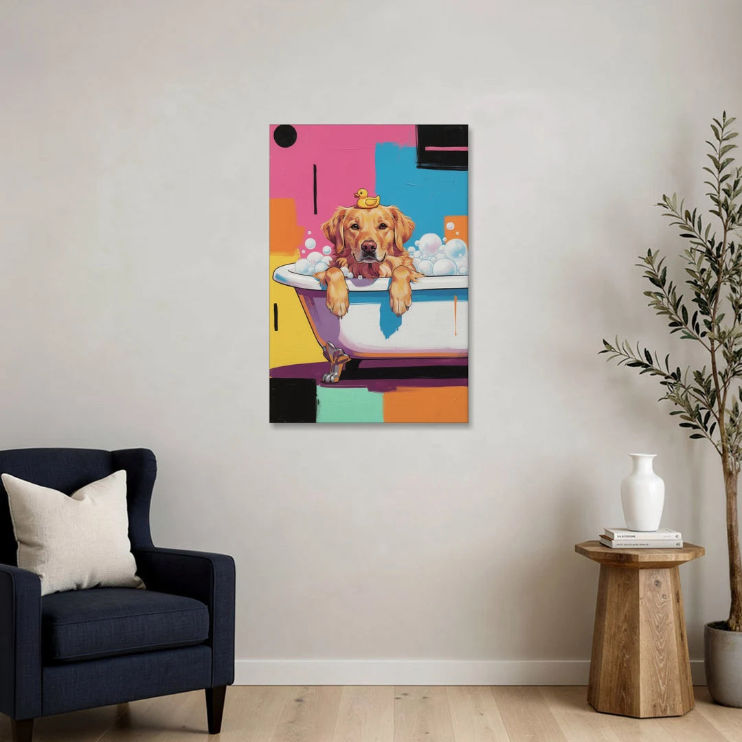 Bubble Bath Golden Retriever - Canvas Wall Art - Sofa - 24x36