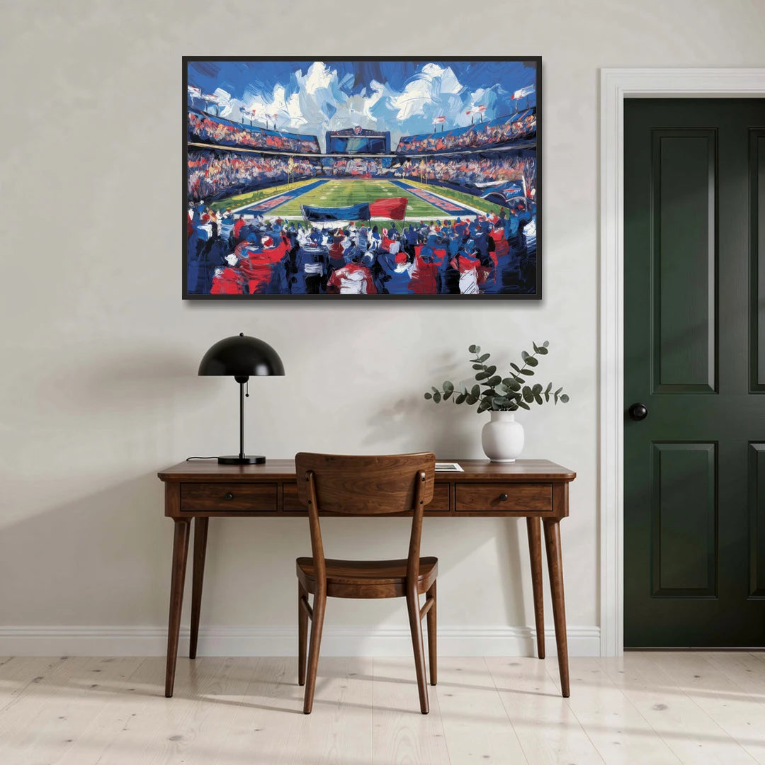 Buffalo Bills Stadium Energy - Black Framed Canvas Wall Art - Office - 48x32