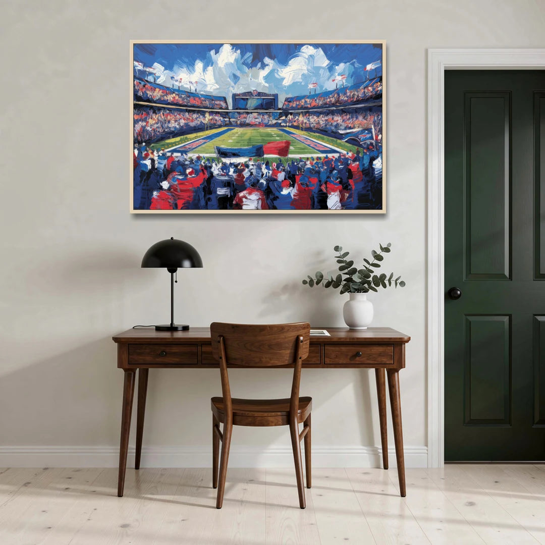 Buffalo Bills Stadium Energy - Oak Framed Canvas Wall Art - Office - 48x32
