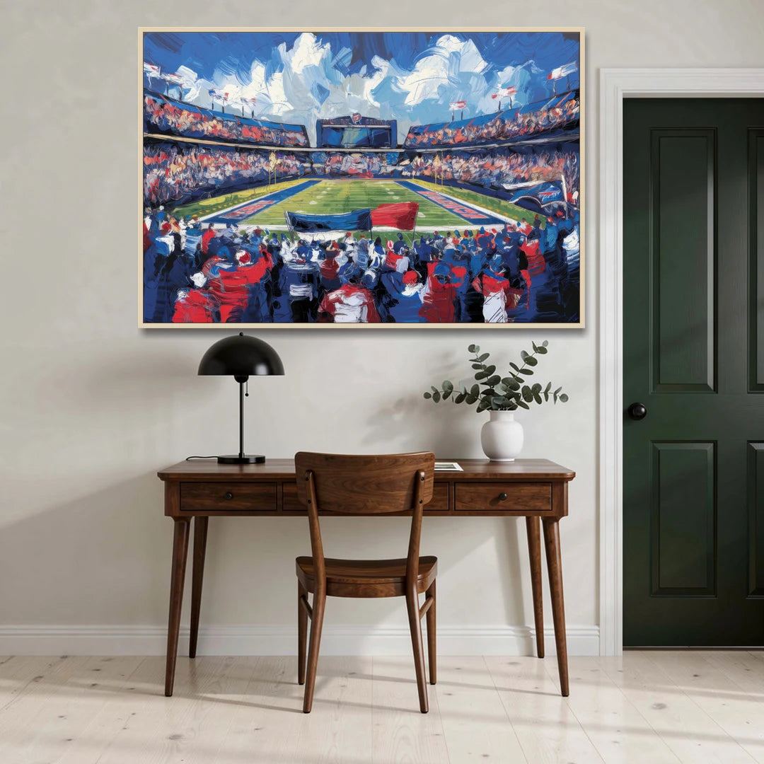 Buffalo Bills Stadium Energy - Oak Framed Canvas Wall Art - Office - 60x40