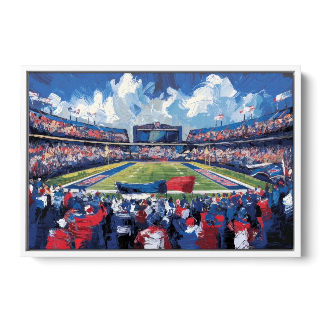Buffalo Bills Stadium Energy - White Framed Canvas Wall Art - Front