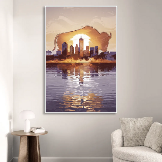 Buffalo Cityscape Reflection Living Room - White Canvas Wall Art