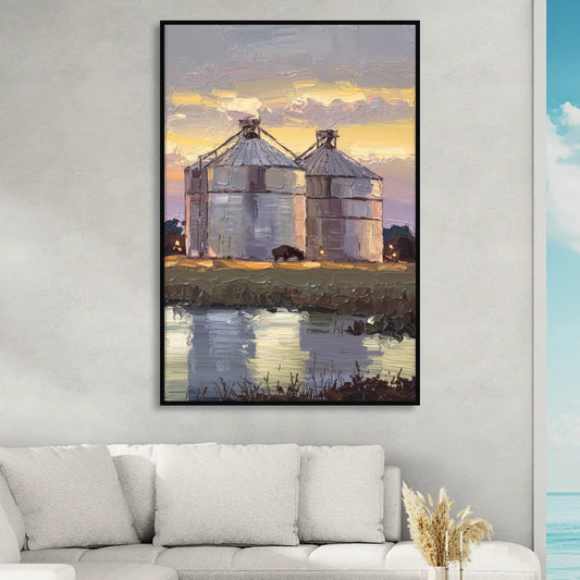 Buffalo Grain Silos at Dusk Living Room - Black Canvas Wall Art