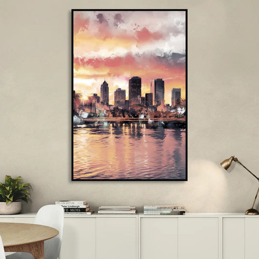 Buffalo Skyline at Sunset Living Room - Black Canvas Wall Art
