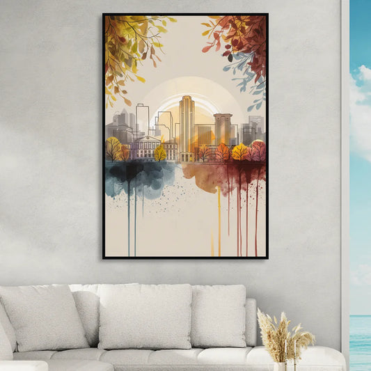 Buffalo Skyline in Autumn Living Room - Black Canvas Wall Art