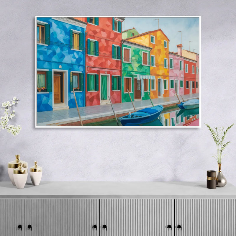 Burano's Colorful Streets Living Room - White Canvas Wall Art