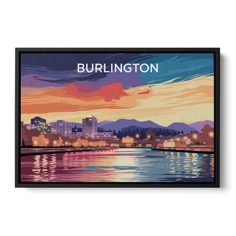 Burlington Skyline At Sunset Front - Black Canvas Wall Art