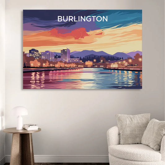 Burlington Skyline At Sunset Living Room - Canvas Wall Art