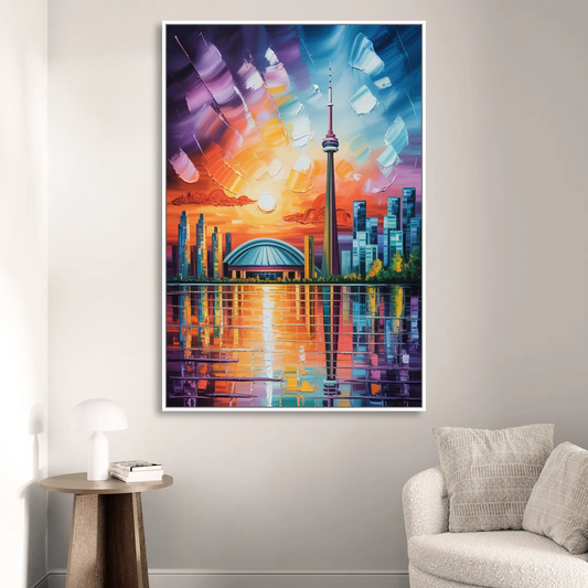 CN Tower Sunset Watercolor Living Room - White Canvas Wall Art