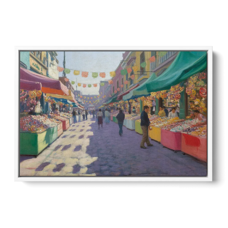 Calle de los Dulces Front - White Canvas Wall Art