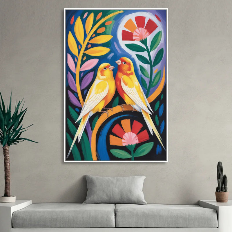 Calm Canary Chirp Living Room - White Canvas Wall Art