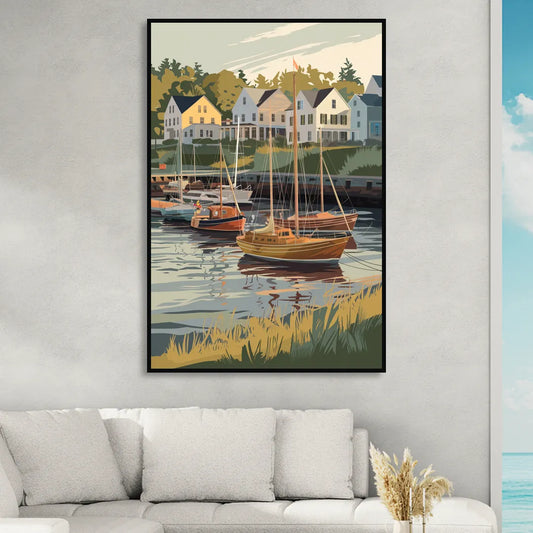 Camden Harbor Boats and Skyline Living Room - Black Canvas Wall Art