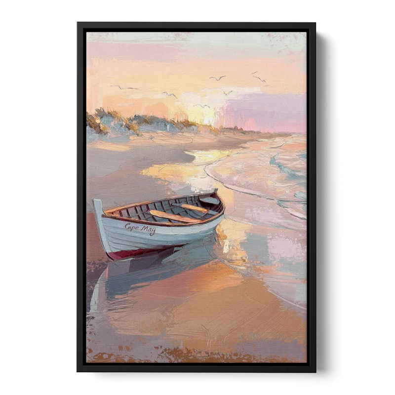 Cape May Beach Sunrise Front - Black Canvas Wall Art