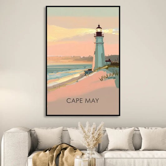 Cape May Lighthouse Glow Living Room - Black Canvas Wall Art