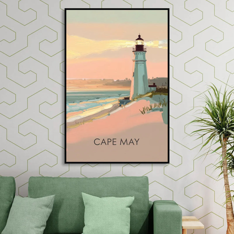 Cape May Lighthouse Glow Sitting Room - Black Canvas Wall Art