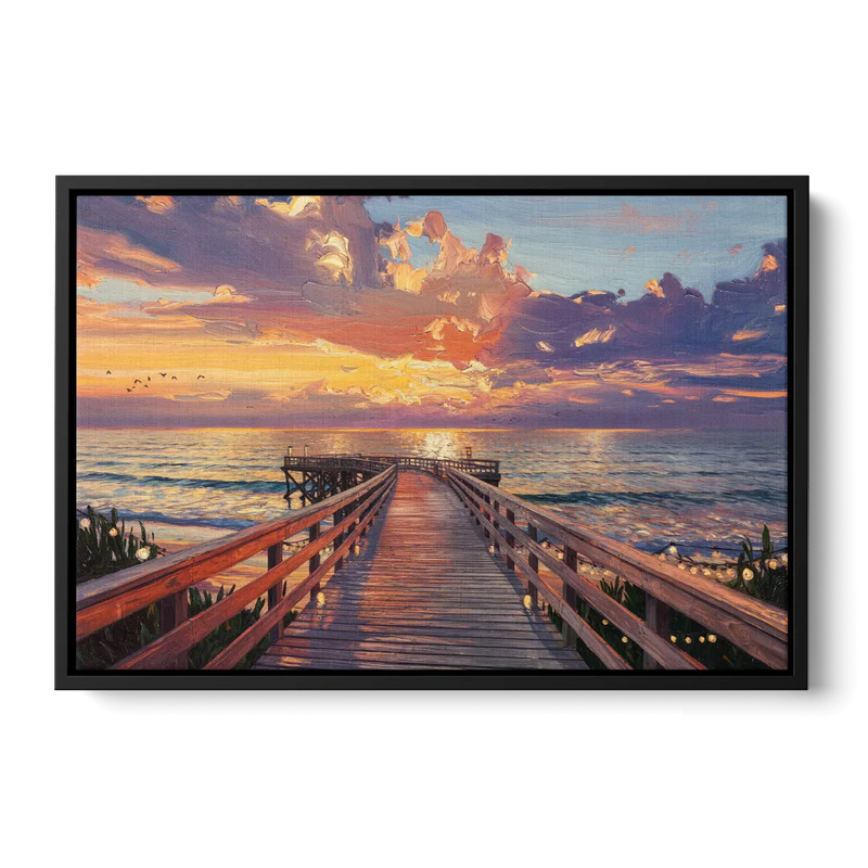 Cape May Sunset Pier Front - Black Canvas Wall Art