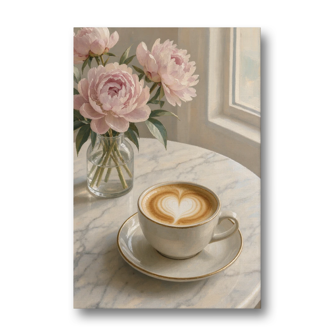 Cappuccino Heart with Blush Peonies - Canvas Wall Art - Front