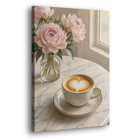Cappuccino Heart with Blush Peonies for the Kitchen - Canvas Wall Art
