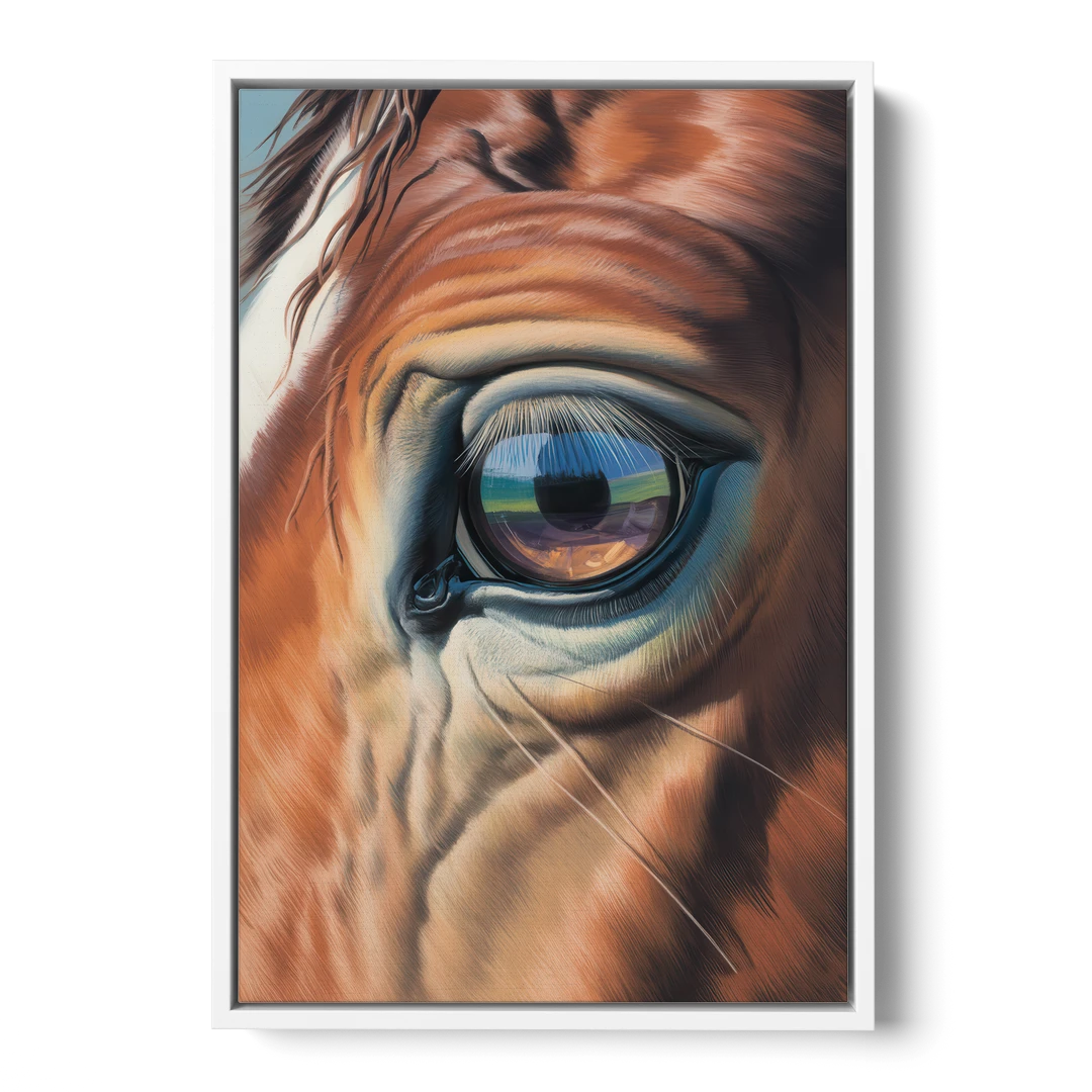 Captivating Horse Eye Close-Up - White Framed Canvas Wall Art - Front