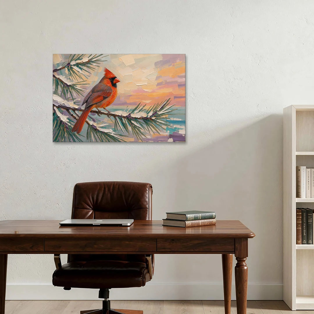 Cardinal Bird Painting at Winter Sunset - Canvas Wall Art - Office - 36x24