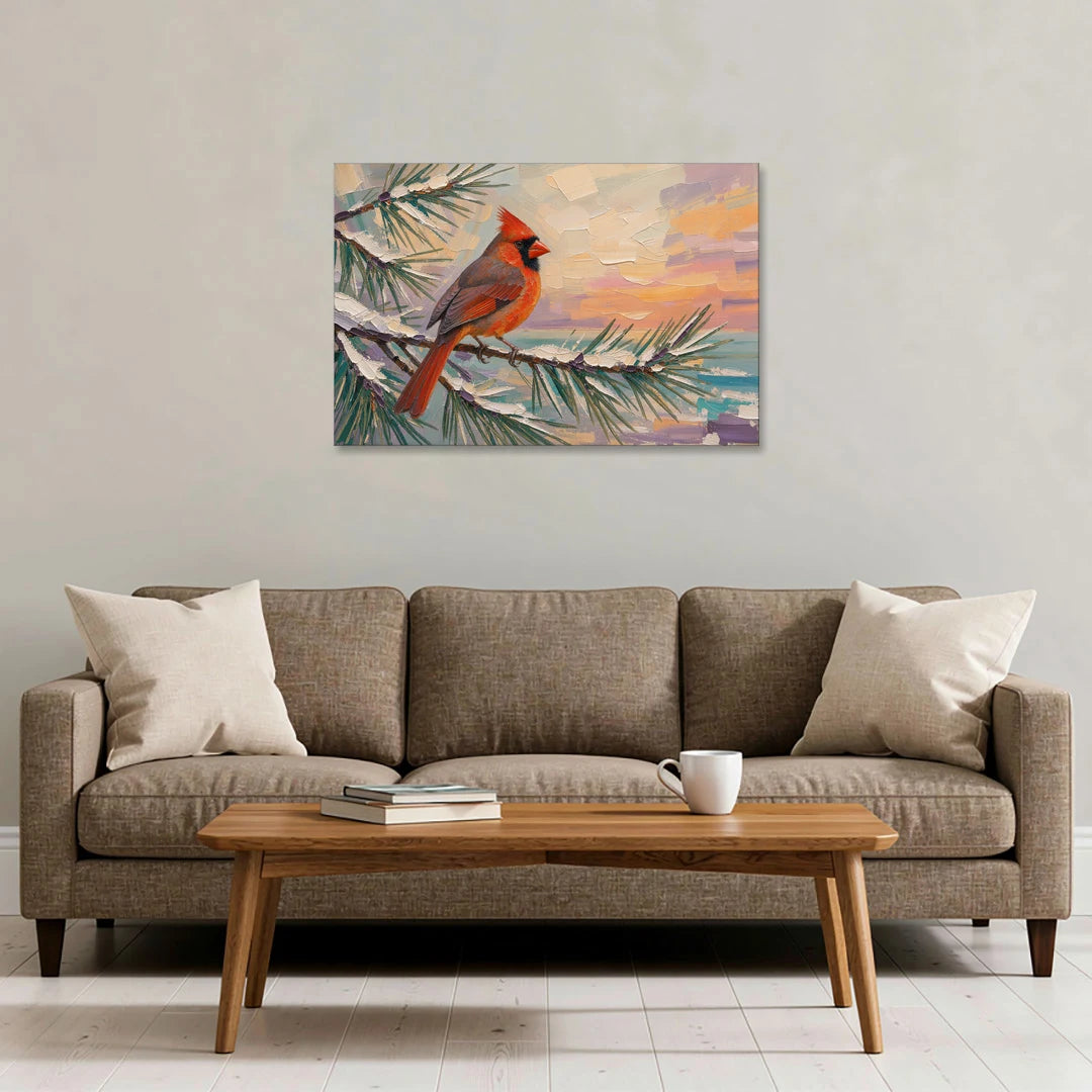 Cardinal Bird Painting at Winter Sunset - Canvas Wall Art - Sofa - 36x24