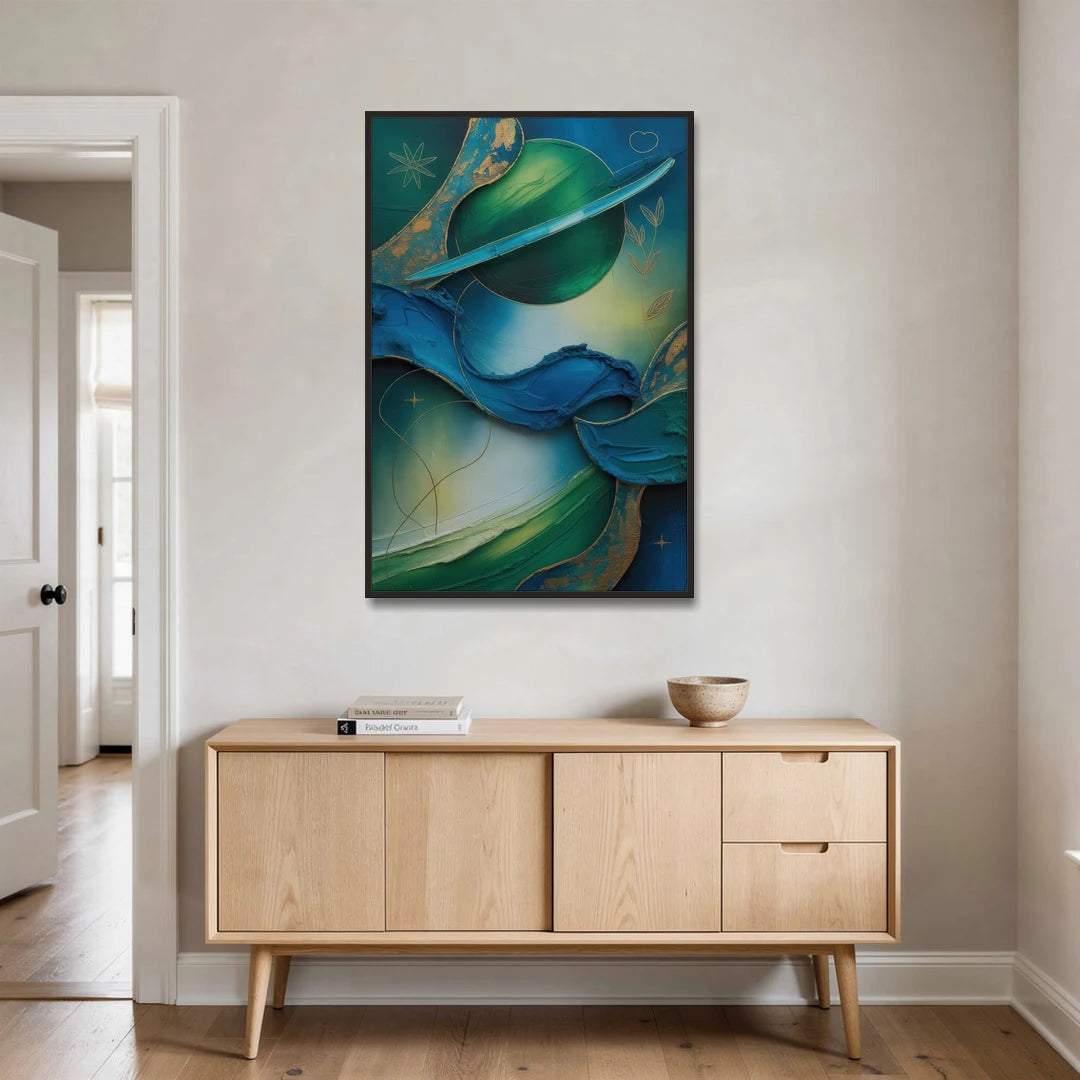 Celestial Nature Blue and Green Abstract - Black Framed Canvas Wall Art - Coffee Table - 32x48
