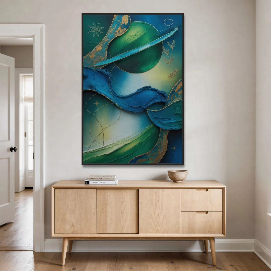 Celestial Nature Blue and Green Abstract - Black Framed Canvas Wall Art - Coffee Table - 40x60