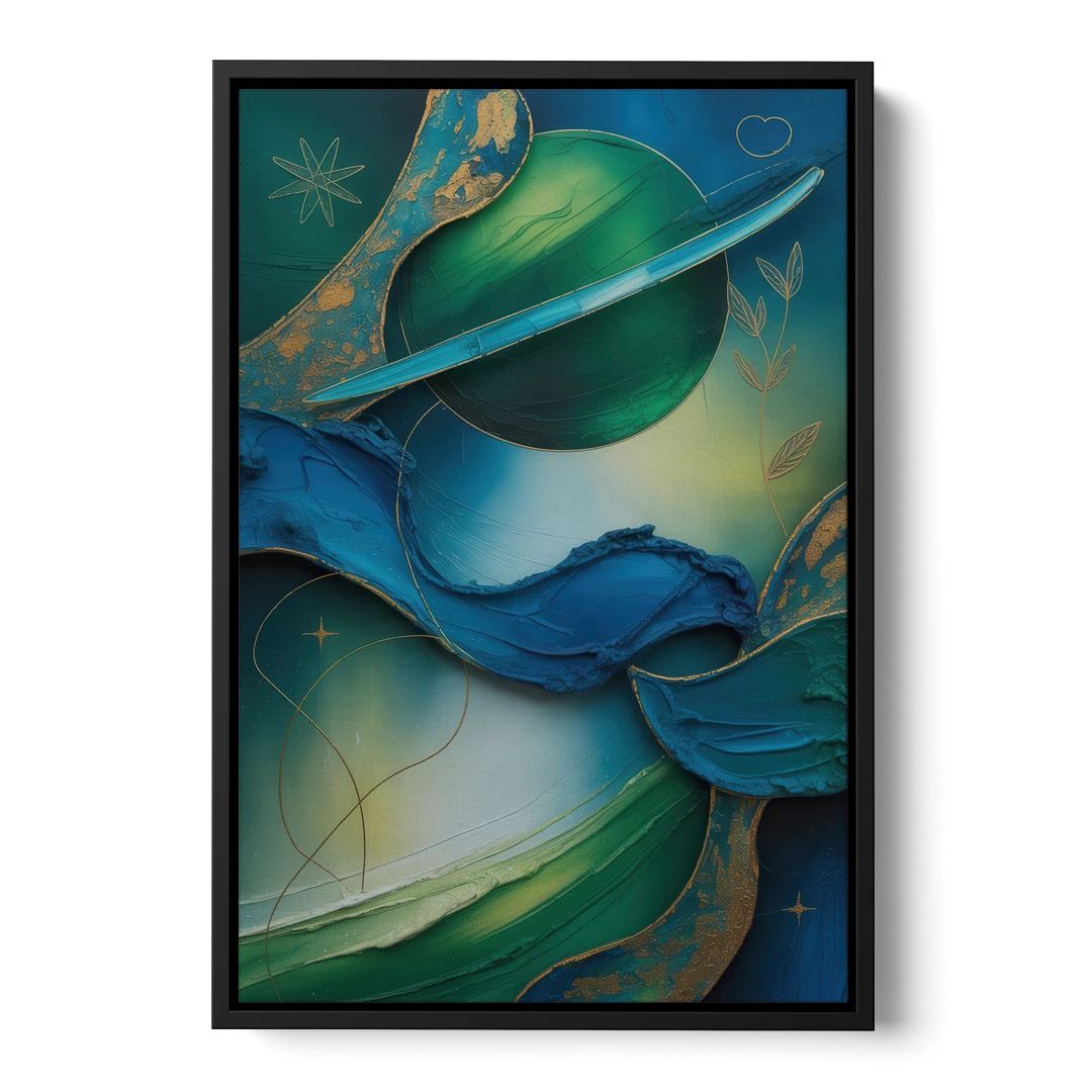 Celestial Nature Blue and Green Abstract - Black Framed Canvas Wall Art - Front