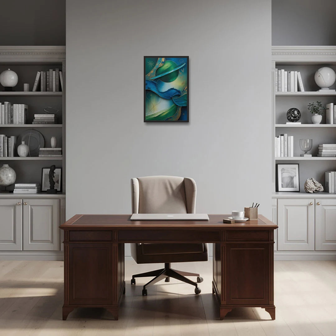 Celestial Nature Blue and Green Abstract - Black Framed Canvas Wall Art - Office - 16x24
