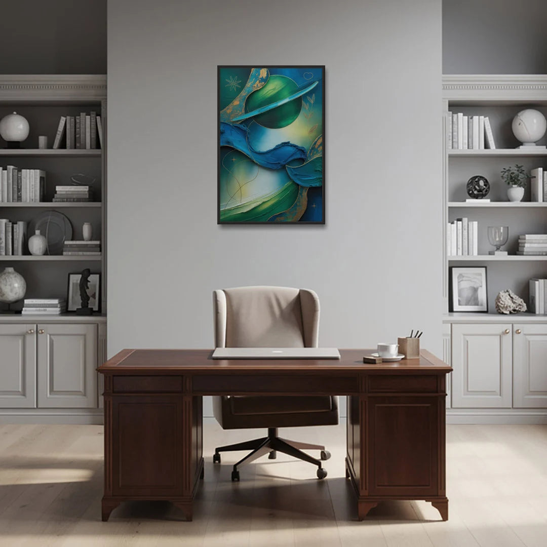 Celestial Nature Blue and Green Abstract - Black Framed Canvas Wall Art - Office - 24x36
