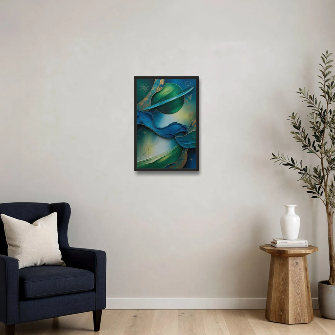 Celestial Nature Blue and Green Abstract - Black Framed Canvas Wall Art - Sofa - 16x24