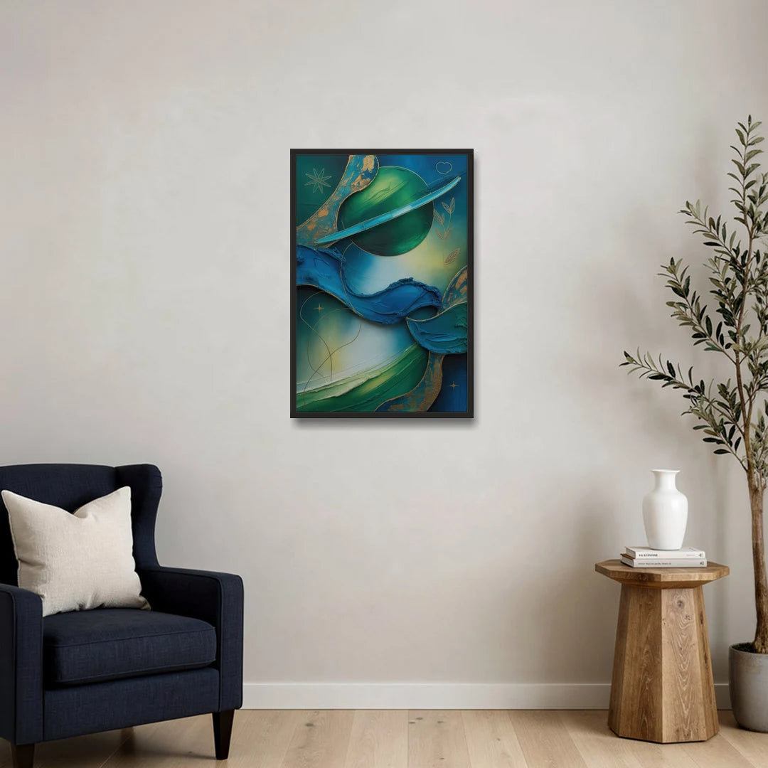 Celestial Nature Blue and Green Abstract - Black Framed Canvas Wall Art - Sofa - 20x30