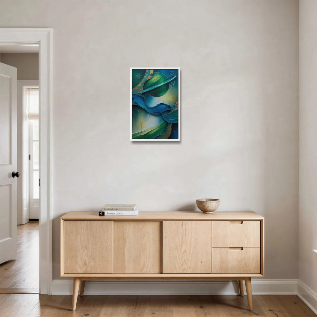 Celestial Nature Blue and Green Abstract - White Framed Canvas Wall Art - Coffee Table - 16x24