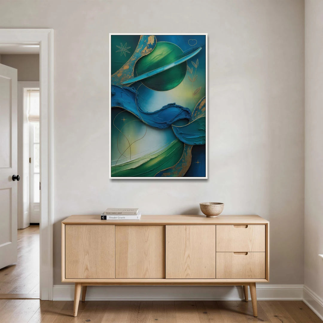 Celestial Nature Blue and Green Abstract - White Framed Canvas Wall Art - Coffee Table - 32x48