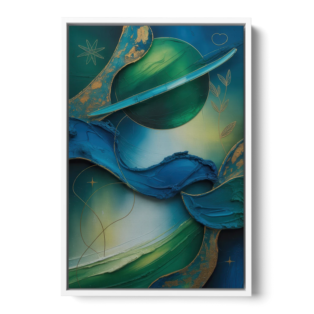 Celestial Nature Blue and Green Abstract - White Framed Canvas Wall Art - Front
