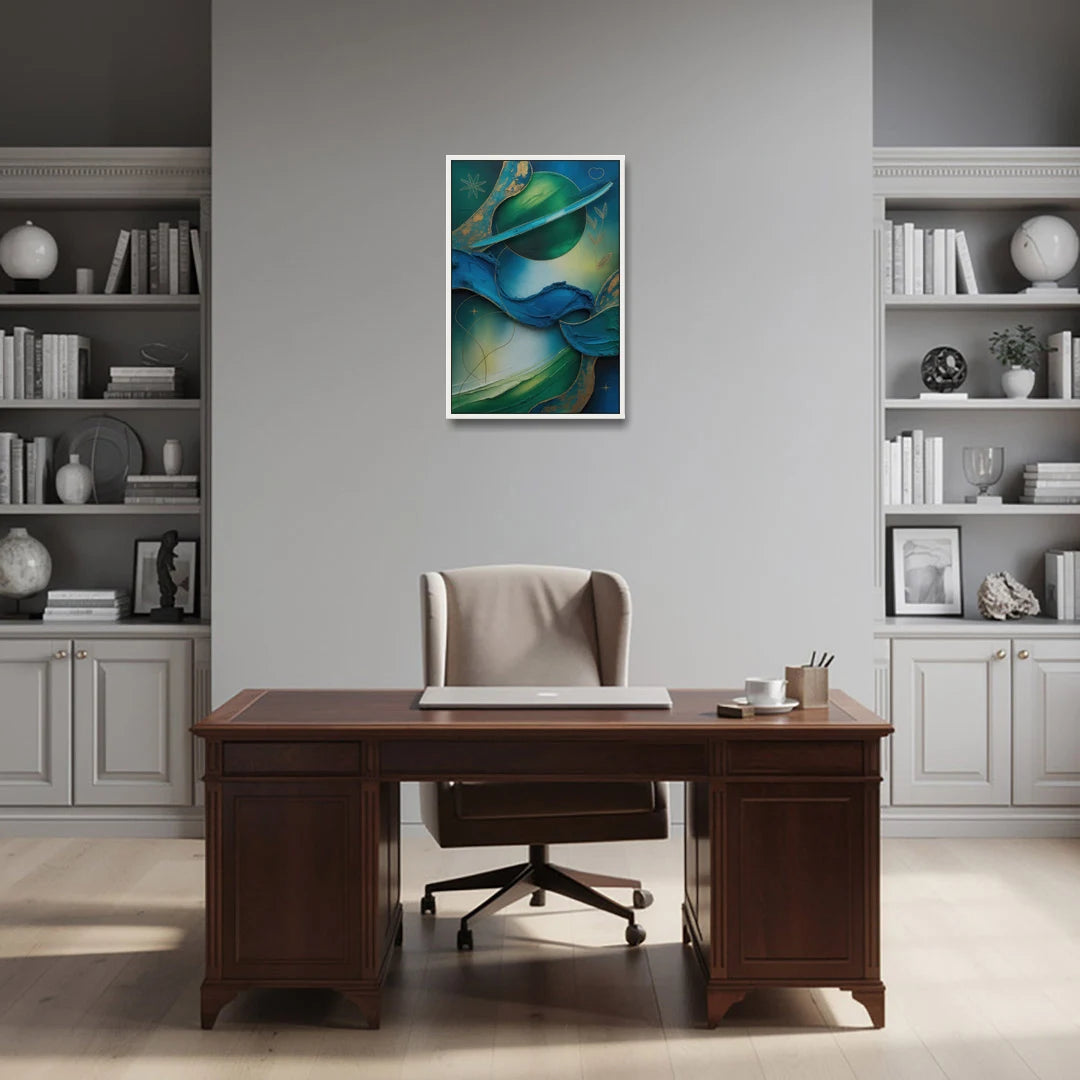 Celestial Nature Blue and Green Abstract - White Framed Canvas Wall Art - Office - 20x30