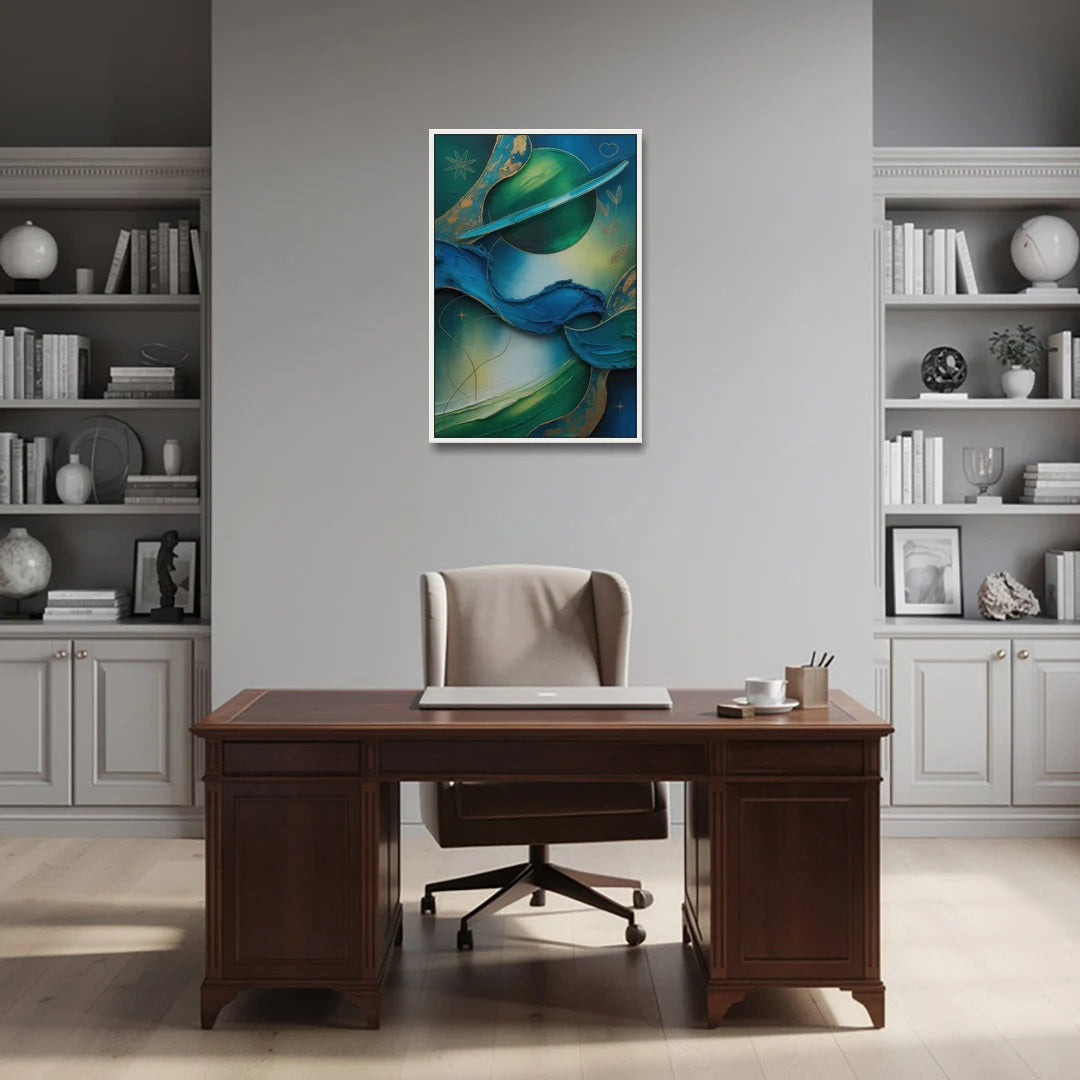 Celestial Nature Blue and Green Abstract - White Framed Canvas Wall Art - Office - 24x36
