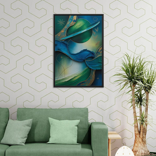 Celestial Nature Blue and Green Abstract - Living Room Black Frame Canvas