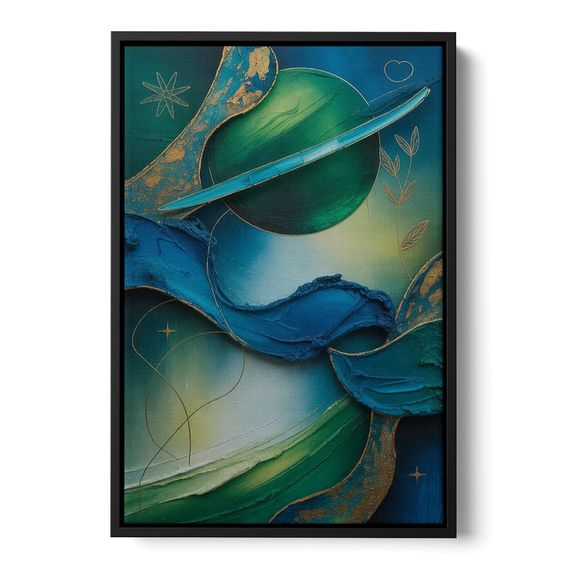 Celestial Nature Blue and Green Abstract Front - Black Canvas Wall Art