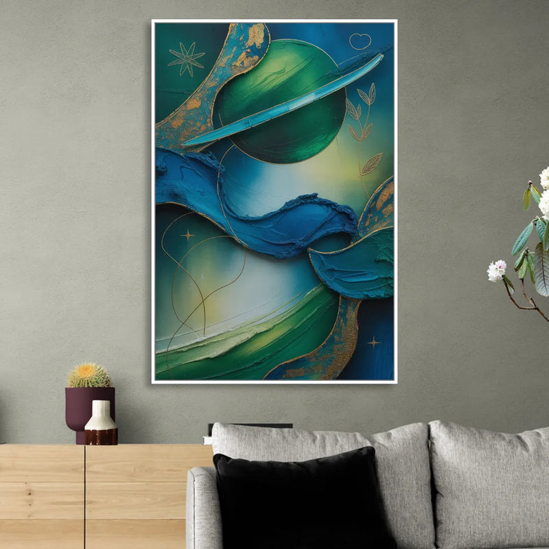 Celestial Nature Blue and Green Abstract Living Room - White Canvas Wall Art